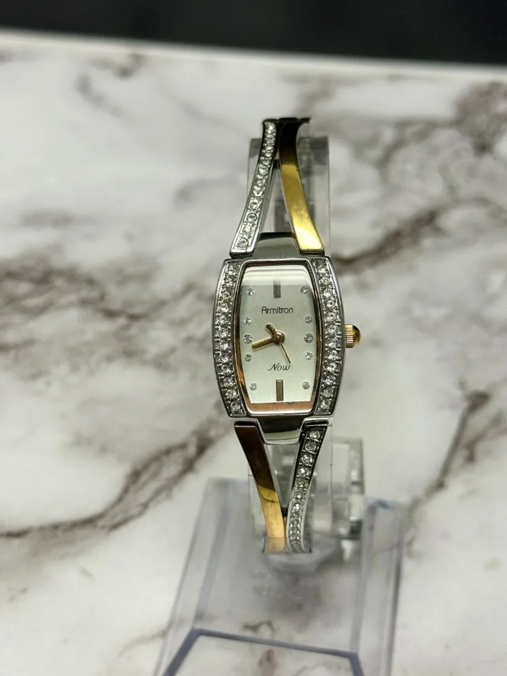 3/$30 Armitron Watch Women Silver Rose Gold Two Tone Crystal Bezel 7.5